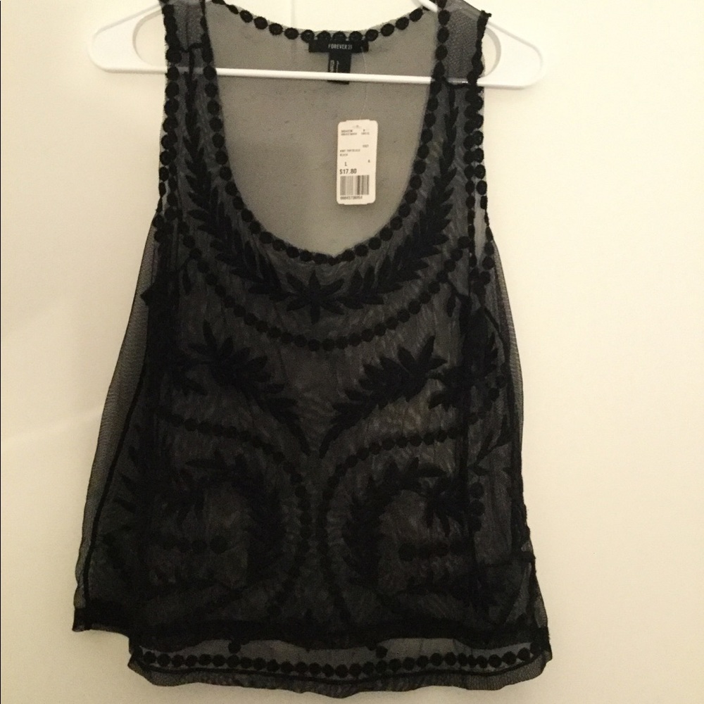 Brand New Sheer/Embroidered Black Forever21 Tank